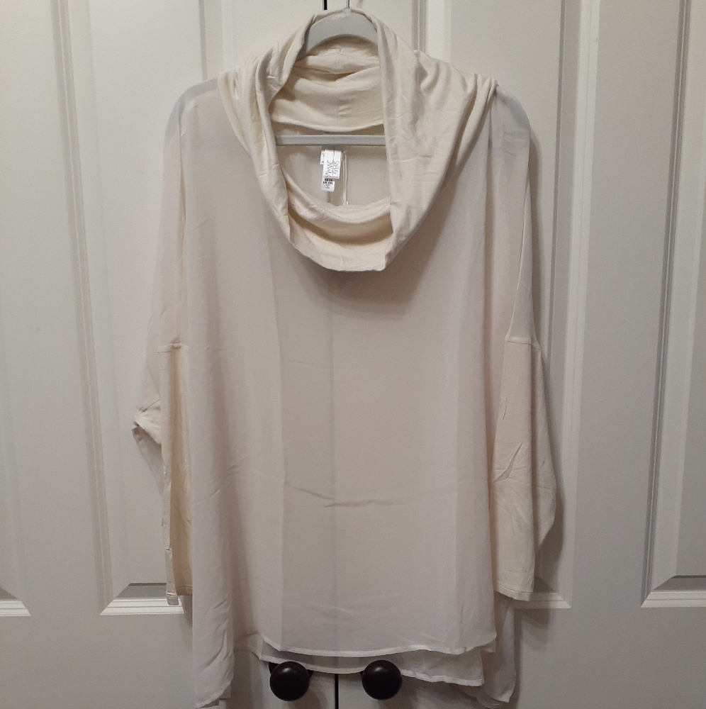 Ivory Sheer Mixed Media Cowl Neck Pullover Top 1X New!